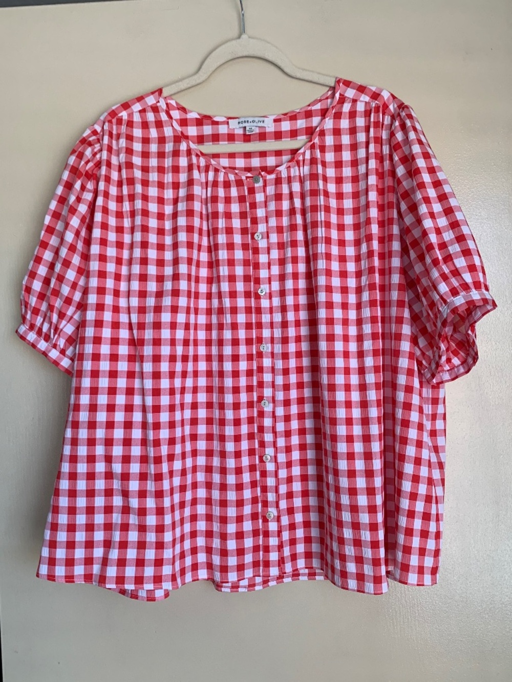 Rose & Olive Red Gingham Button Front Shirt 3X Lightweight Puff Sleeves